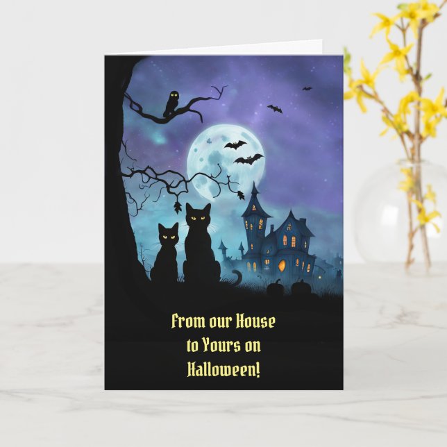 Halloween from Our House Home to Yours Cute Cats  Card (Yellow Flower)