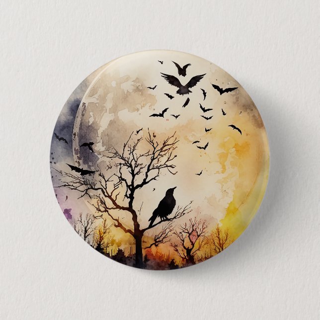 Halloween full moon bats raven scary night spooky  6 cm round badge (Front)