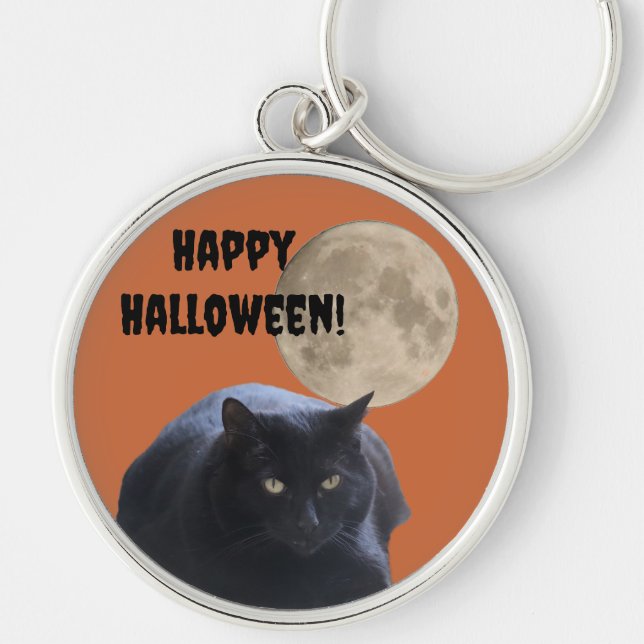 Halloween Full Moon Black Cat Key Ring (Front)