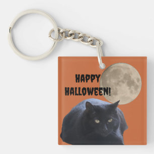 Halloween Full Moon Black Cat Key Ring