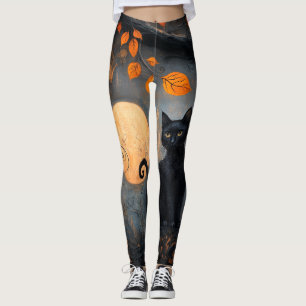 Halloween Full Moon Black Cat Ornate Autumn Leggings