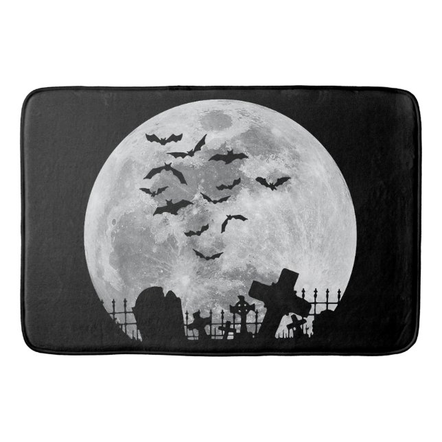 Halloween Full Moon Cemetery Graveyard Spooky Bats Bath Mat (Front)