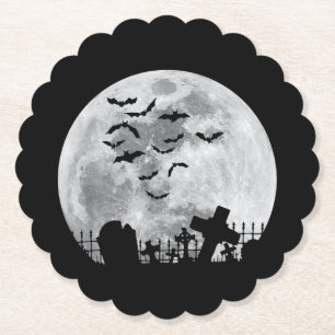 Halloween Full Moon Cemetery Graveyard Spooky Bats Paper Coaster