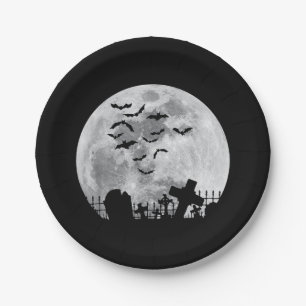 Halloween Full Moon Cemetery Graveyard Spooky Bats Paper Plate