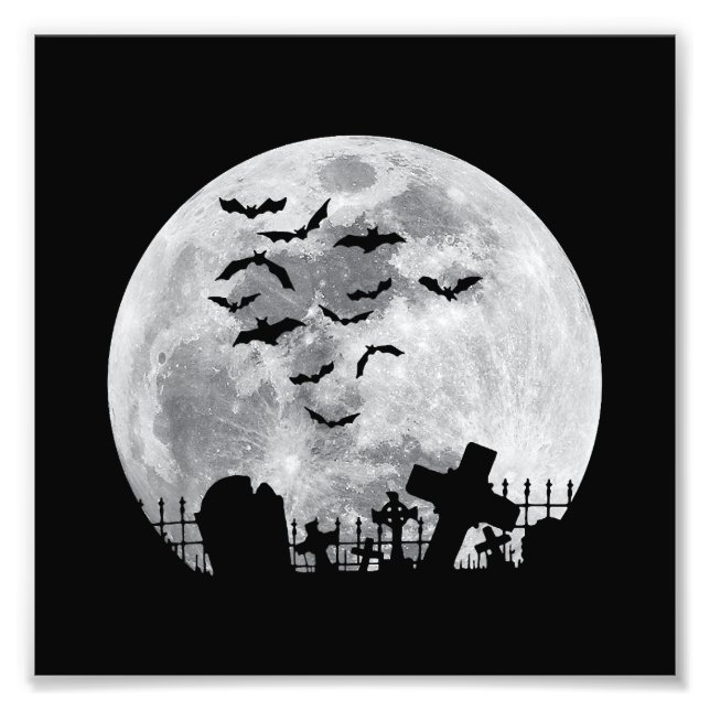 Halloween Full Moon Cemetery Graveyard Spooky Bats Photo Print (Front)