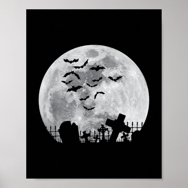 Halloween Full Moon Cemetery Graveyard Spooky Bats Poster (Front)