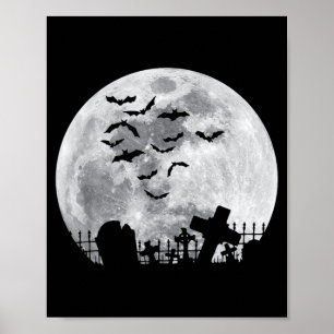 Halloween Full Moon Cemetery Graveyard Spooky Bats Poster