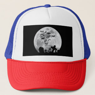 Halloween Full Moon Cemetery Graveyard Spooky Bats Trucker Hat