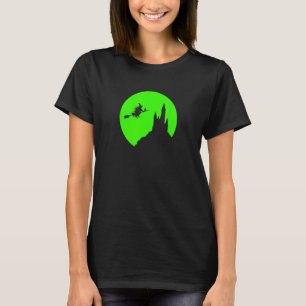 Halloween Full Moon Haunted Castle Flying Witch On T-Shirt