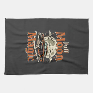 Halloween Full Moon Magic Vintage Car Tea Towel