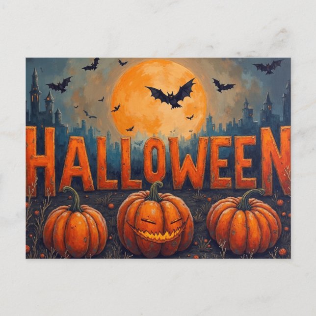 Halloween Full Moon Pumpkins and Bats Holiday Postcard (Front)