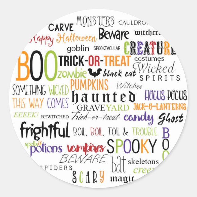 Halloween Fun Colourful Whimsical Words Treat Favo Classic Round Sticker (Front)
