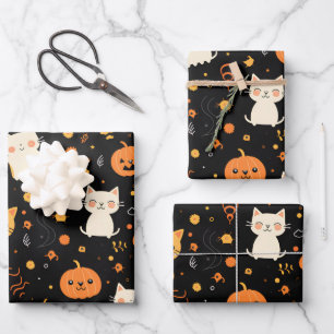 Halloween Fun Kids Cats Pumpkins  Wrapping Paper Sheet
