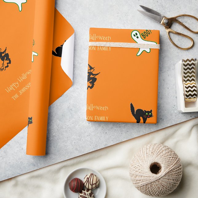 Halloween Fun Spooky Cat Ghost Witch Custom Text Wrapping Paper (Halloween Fun Spooky Cat Ghost Witch Custom Text Wrapping Paper)