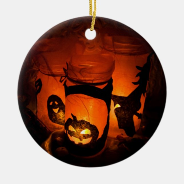 Halloween Fun with Pumpkins, Ghost & Witches, ZSSG Ceramic Tree Decoration (Front)