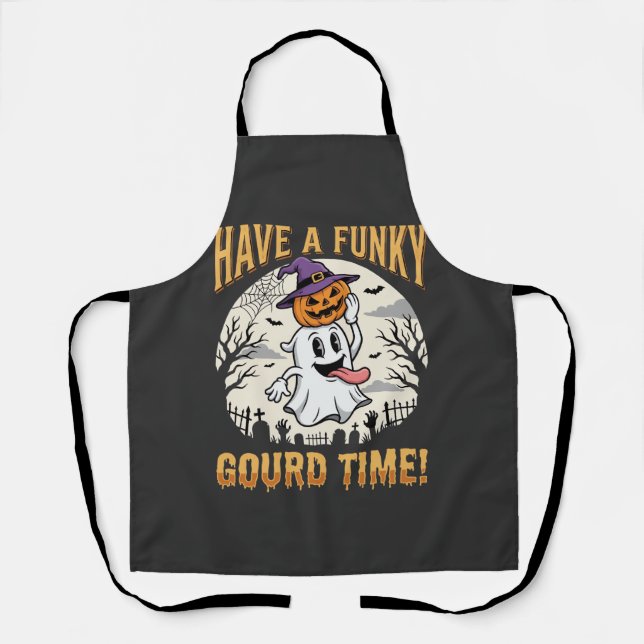 Halloween Funky Gourd Time Ghost Pumpkin Apron (Front)