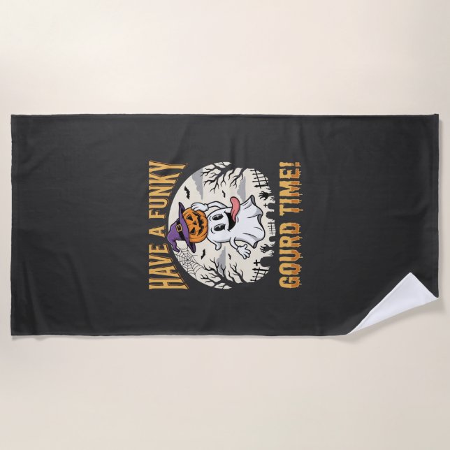 Halloween Funky Gourd Time Ghost Pumpkin Beach Towel (Front)