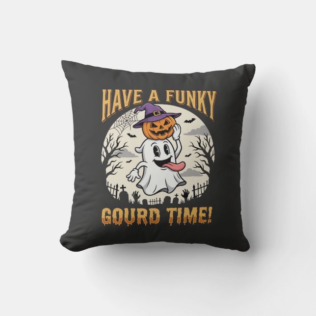 Halloween Funky Gourd Time Ghost Pumpkin Cushion (Front)