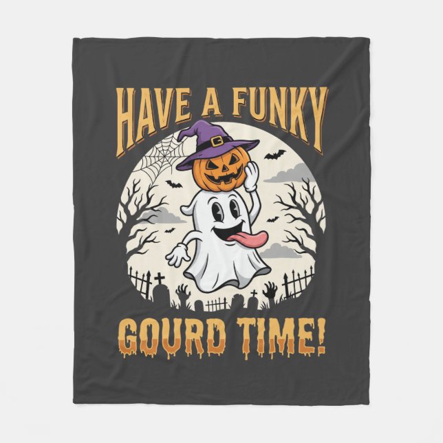 Halloween Funky Gourd Time Ghost Pumpkin Fleece Blanket (Front)