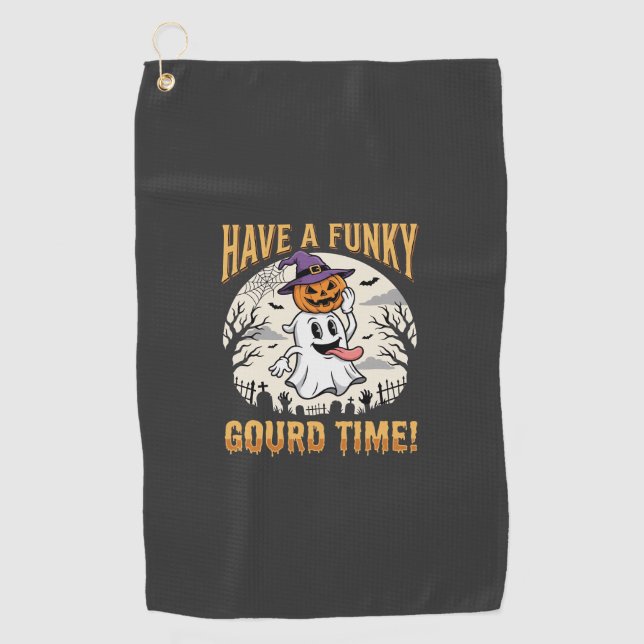 Halloween Funky Gourd Time Ghost Pumpkin Golf Towel (Front)