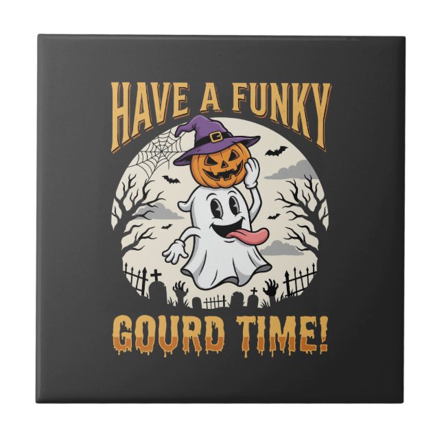 Halloween Funky Gourd Time Ghost Pumpkin Tile (Front)