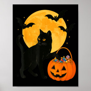 Halloween Funny Black Cat Pumpkin With Sweet Candy Poster