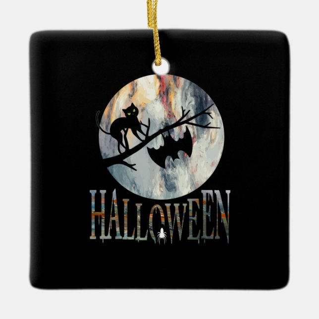 Halloween Funny Cat Halloween Birthday Ceramic Ornament (Front)