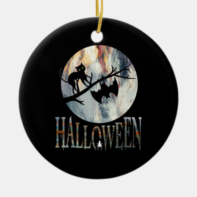 Halloween Funny Cat Halloween Birthday Ceramic Tree Decoration (Front)