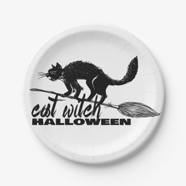 Halloween Funny Cat Witch On  Broomstick Paper Plate (Front)
