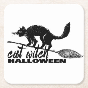 Halloween Funny Cat Witch On Broomstick Square Paper Coaster