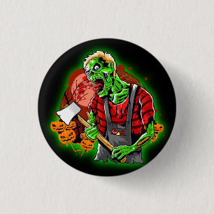 Halloween Funny Green Zombie Axe on 3 Cm Round Badge