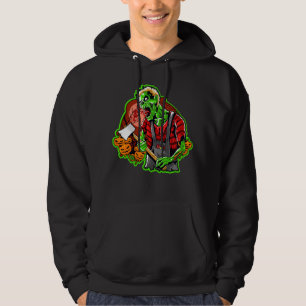 Halloween Funny Green Zombie Axe on Black Hoodie