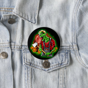 Halloween Funny Green Zombie Axe on Button