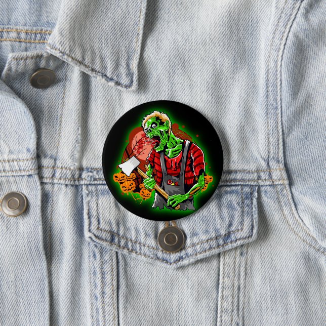 Halloween Funny Green Zombie Axe on   Button (In Situ)
