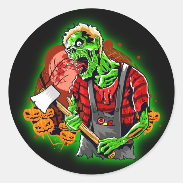 Halloween Funny Green Zombie Axe on  Classic Round Sticker (Front)