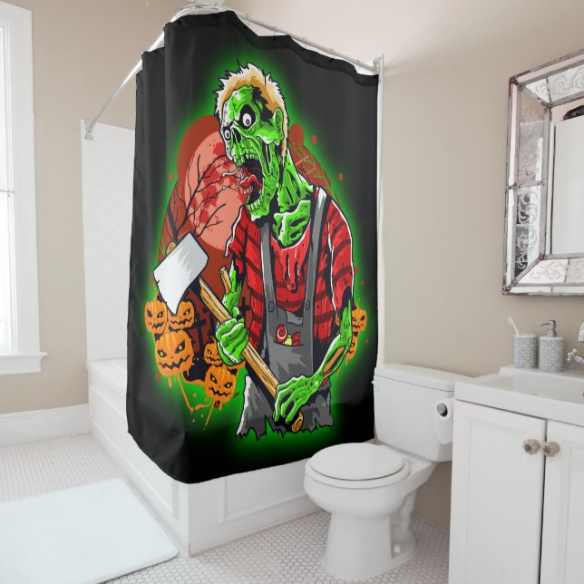 Halloween Funny Green Zombie Axe on   Shower Curtain (In Situ)