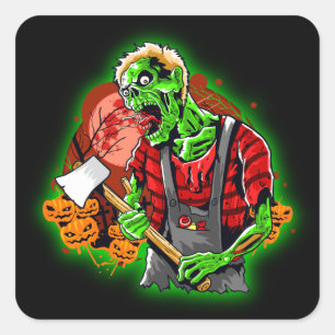 Halloween Funny Green Zombie Axe on   Square Sticker