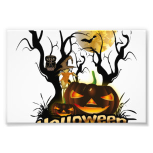 Halloween funny pumpkin with owl photo print