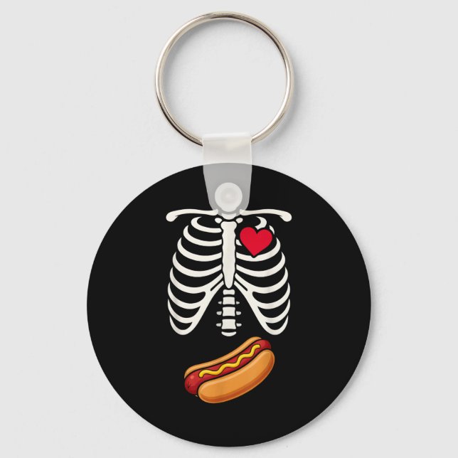 Halloween Funny Skeleton Ribcage Hotdog Food Lover Key Ring (Front)