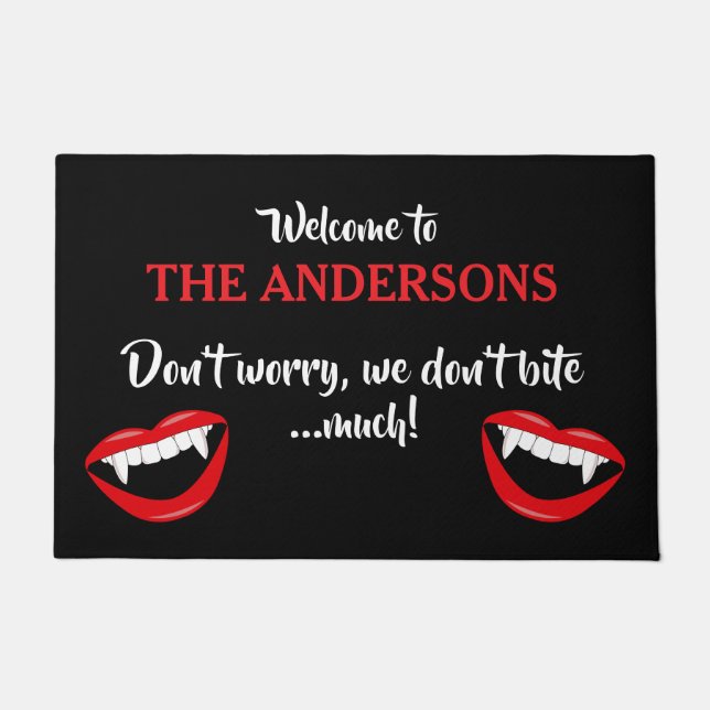 Halloween Funny Vampire Bite Family Name Welcome Doormat (Front)