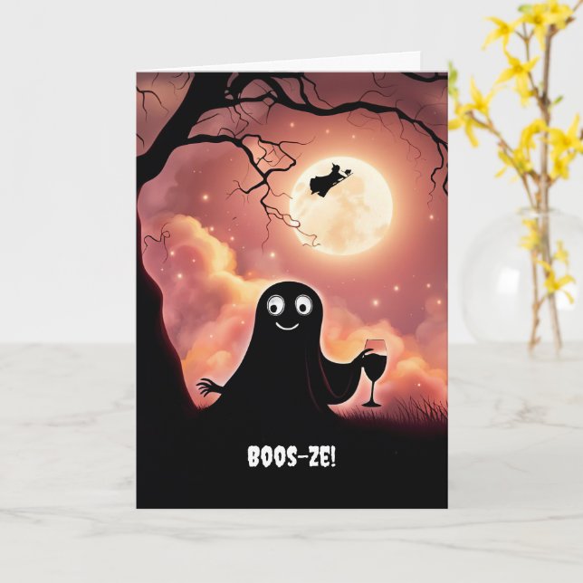 Halloween Funny Wine with Ghost and Witch Booze Card (Yellow Flower)