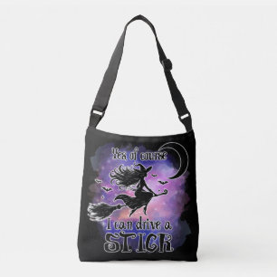 Halloween Funny Witch Riding Broom Crossbody Bag