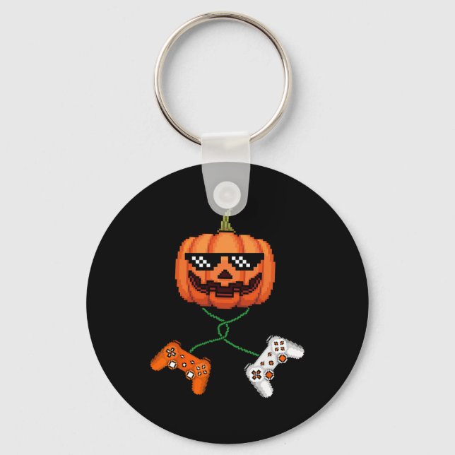 Halloween Gamer Pumpkin Jack O Lantern Video Gamer Key Ring (Front)