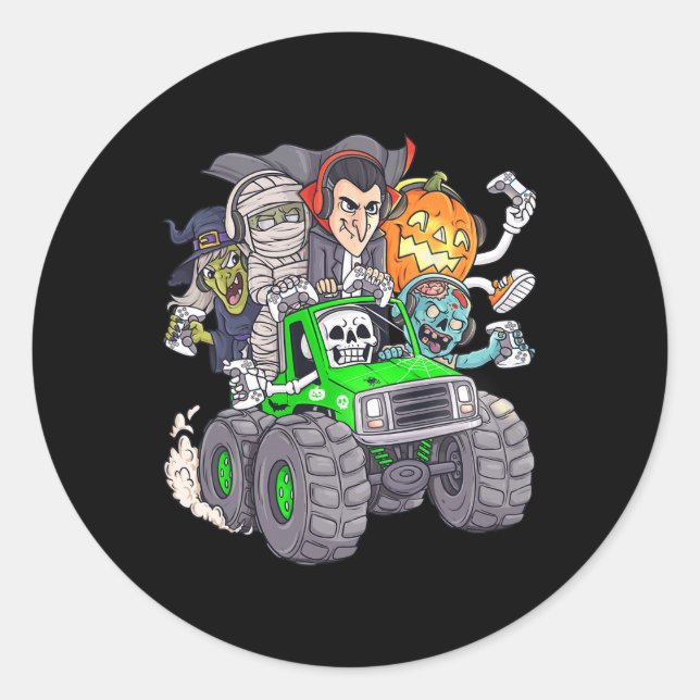Halloween Gamer Skeleton Zombie Monster Truck Boys Classic Round Sticker (Front)