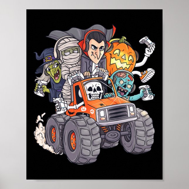 Halloween Gamer Skeleton Zombie Monster Truck Boys Poster (Front)