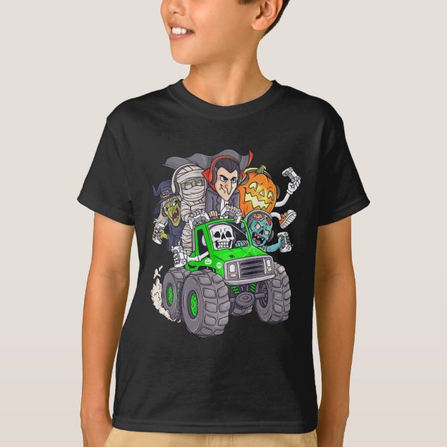 Halloween Gamer Skeleton Zombie Monster Truck Boys T-Shirt (Front)