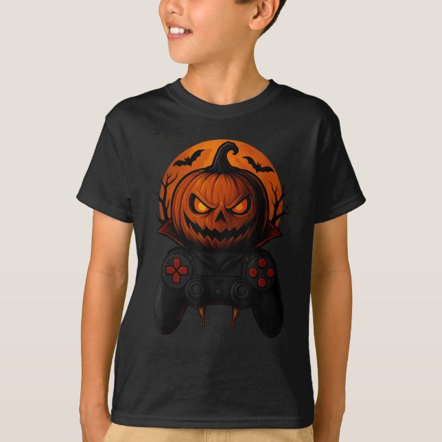 Halloween Gaming Controller Soky Pumpkin Gamer Boy T-Shirt (Front)