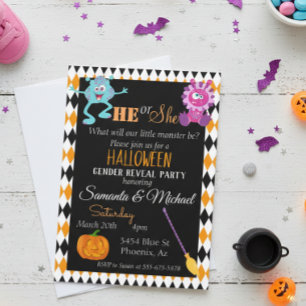 Halloween Gender Baby Reveal Party Monster Orange Invitation