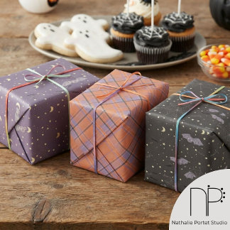 Halloween Gender Neutral Purple and Black Bats Wrapping Paper Sheet
