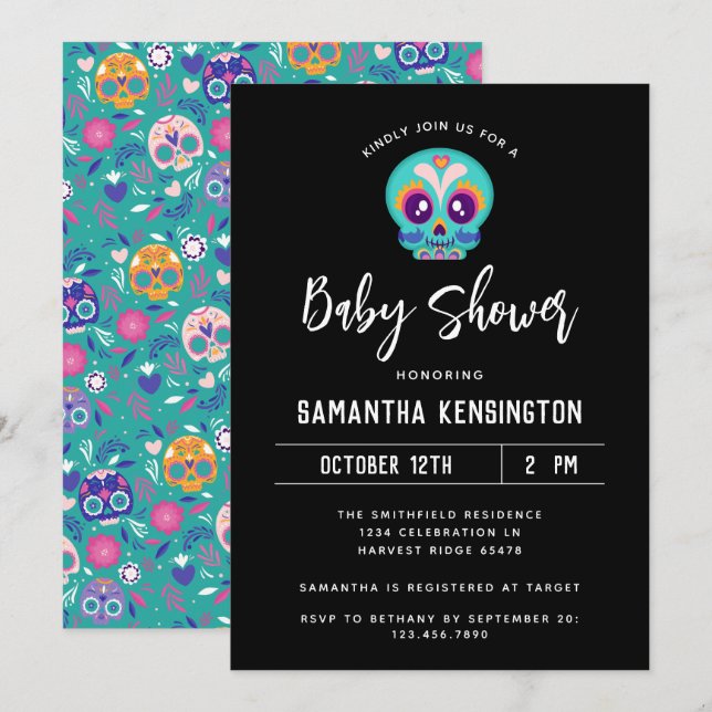 Halloween Gender Neutral Sugar Skull Baby Shower Invitation (Front/Back)